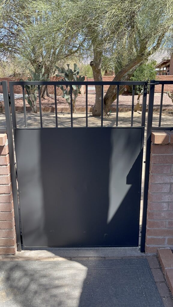 Gate and Fence Painting in Tucson featuring a sleek black metal gate with vertical bars and solid panels, set against a desert backdrop with native plants.