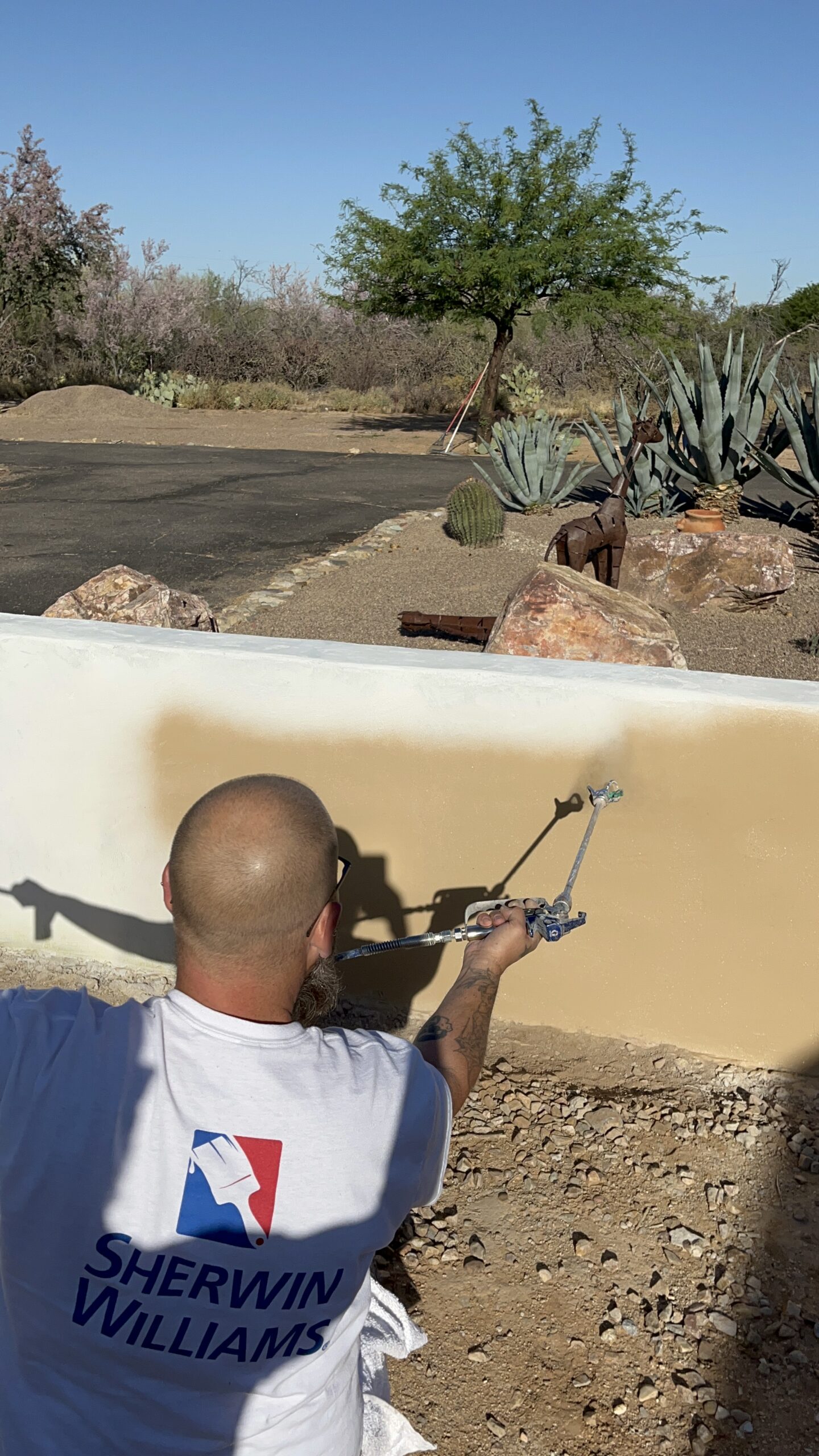 Piper Family Painting Company expert painting a tan wall outdoors in Oro Valley, showcasing skilled craftsmanship and premium quality in a desert landscape.